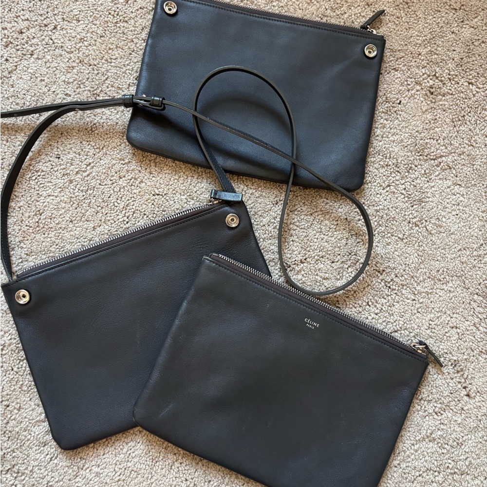 Celine Gray Leather Clutch Trio